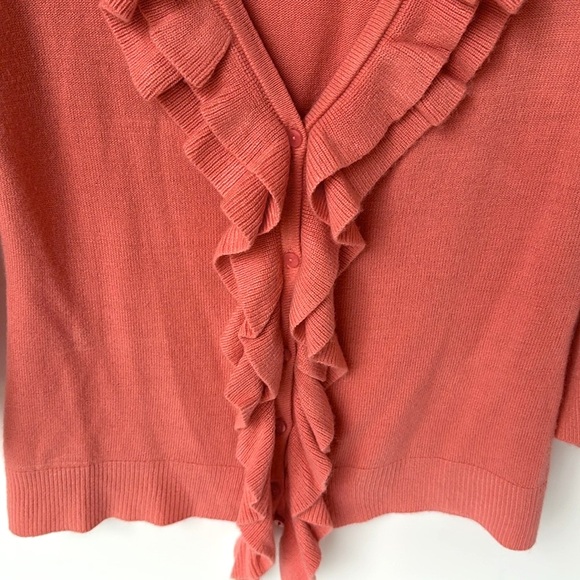 Button Front Cardigan Sweater Ruffled V-Neck 3/4 Sleeve Soft Muted Orange - Picture 4 of 5